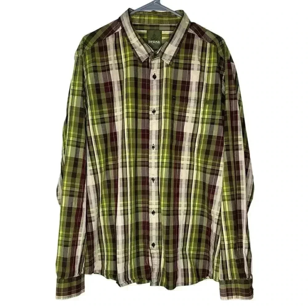 PrAna Breathe LS Button Down Shirt Men Sz XL Green Plaid 100% Organic Cotton
